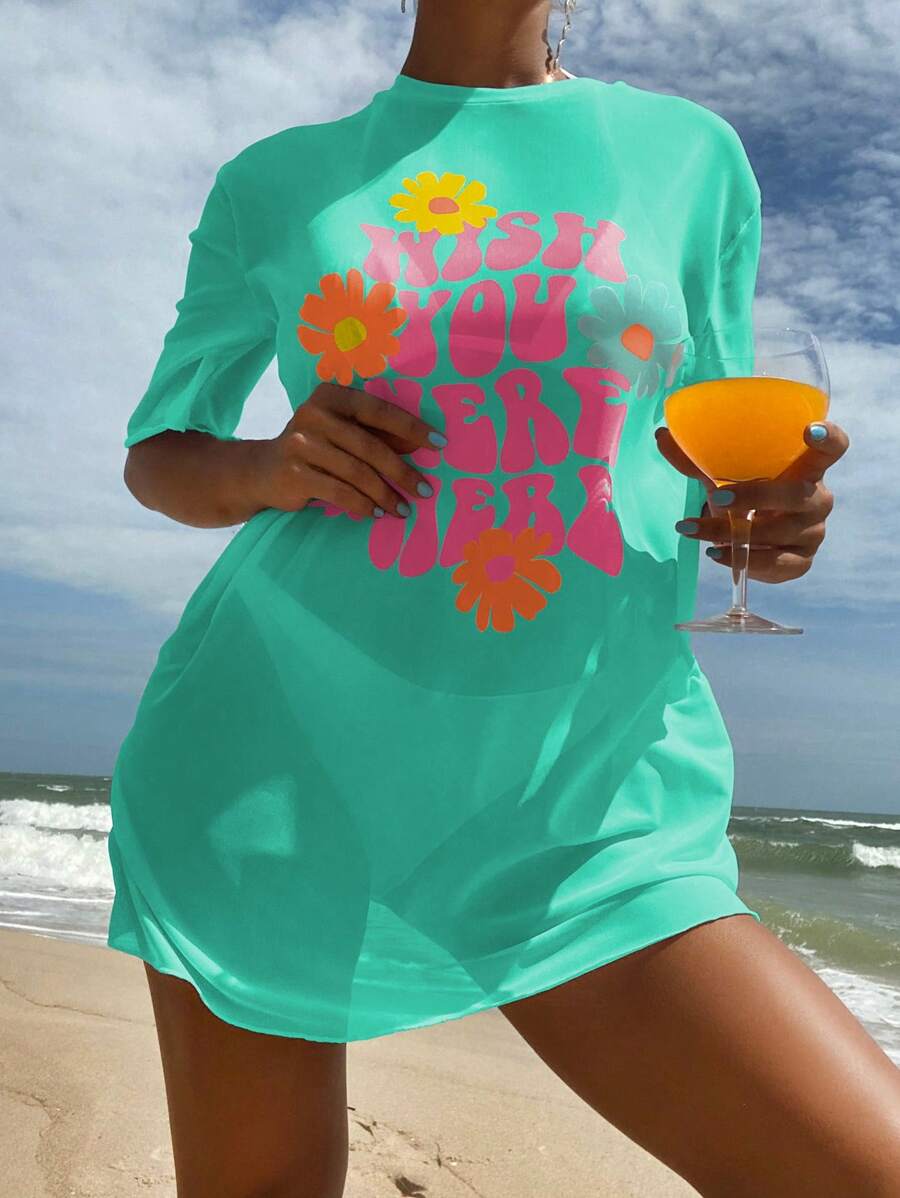 SHEIN Swim Summer Beach Floral & Slogan Graphic Drop Shoulder Mesh Cover Up Dress Without Bikini Set
