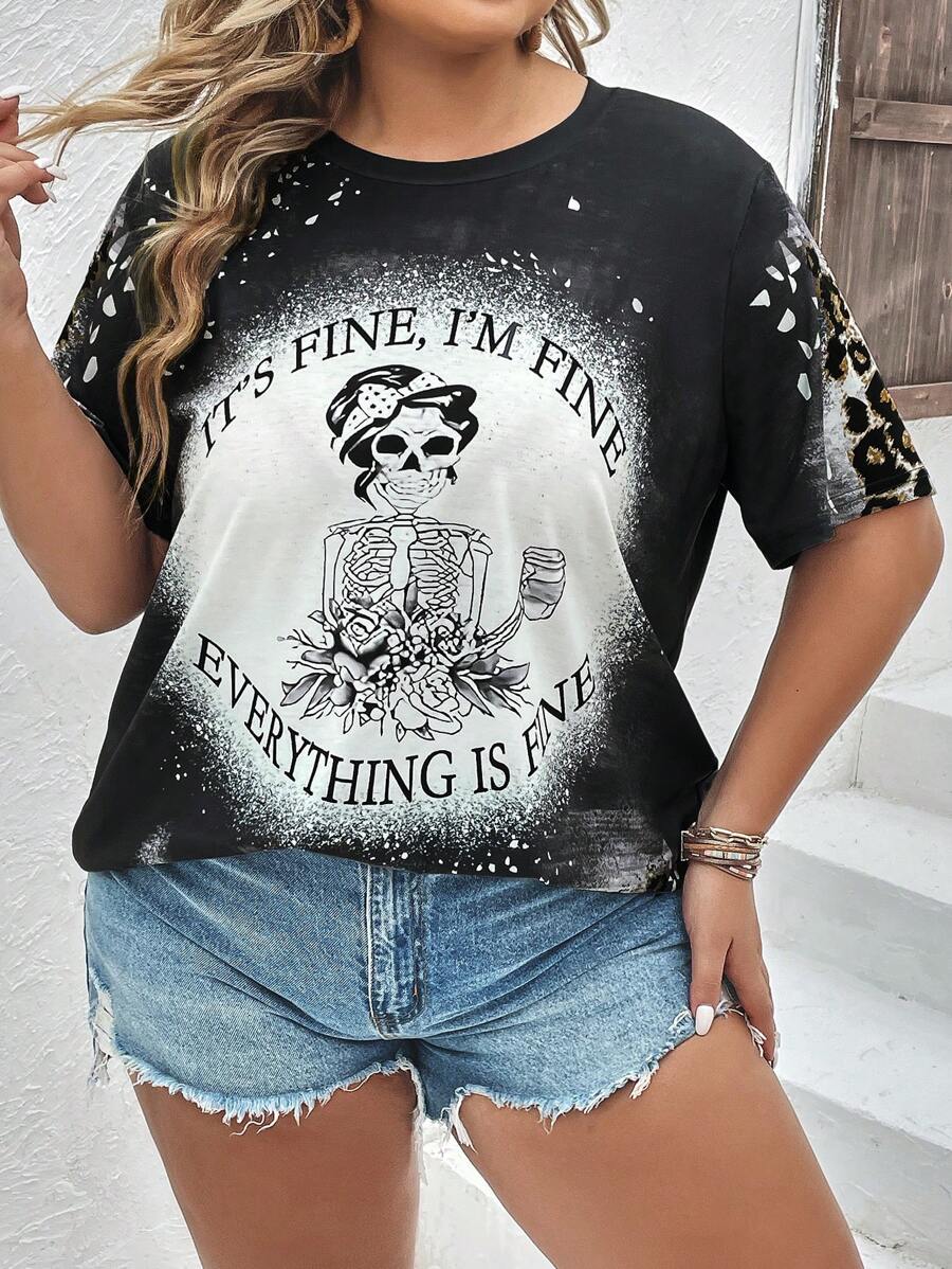 SHEIN LUNE Plus Skeleton & Slogan Graphic Tee