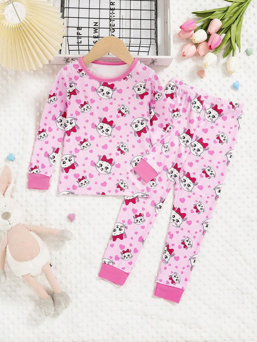 Kleinkind Mädchen Pyjama Set mit Herz & Cartoon Grafik Figurbetont