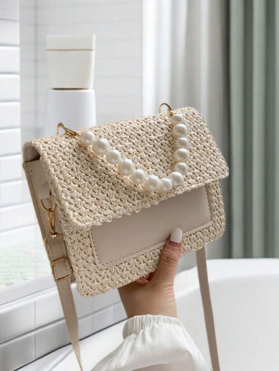 Faux Pearl Decor Flip Cover Square Bag,Woven Crossbody Bag Small Handbag, Straw Purse, Straw Beach Bag, Beach Necessities, Beach Essentials,Beach Stuff & Summer Essentials, Vacation Essentials, Perfectly Matching With Beach Accessories Women, Fashion Summer Vacation Bag, Beach Essentials Women Bags For Vacation & Holiday