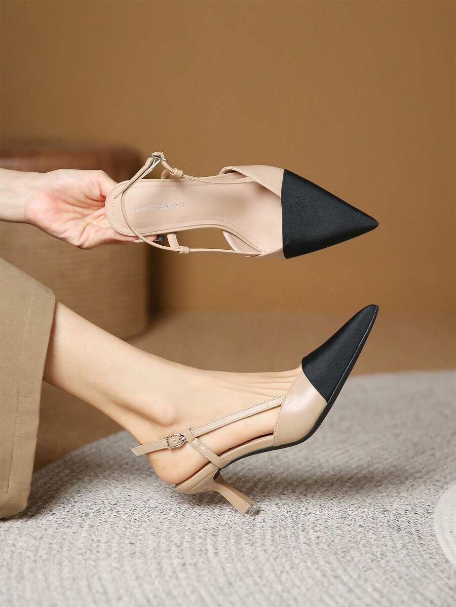 Women Two Tone Point Toe Pyramid Heeled Slingback Pumps, Elegant Outdoor Pumps