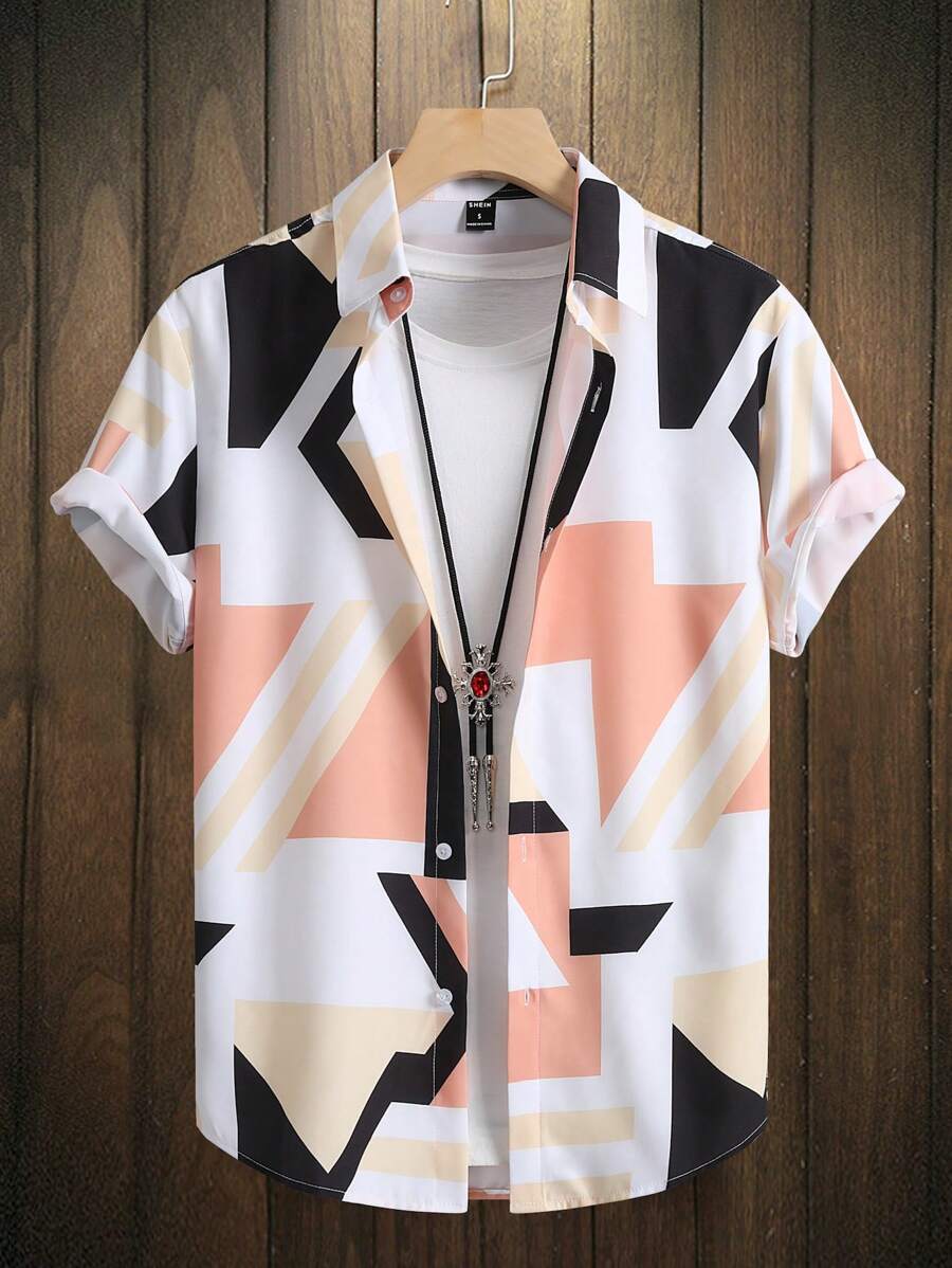 Manfinity Hypemode Men Random Geo Print Shirt Without Tee, Slim Fit Short Sleeve Button Up Graphic Funny Shirt For Husband, Abstract Men Summer Shirt