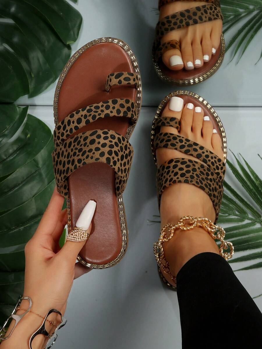 Women Comfortable Dalmatian Print Flat Sandals, Elegant Summer Faux Suede Thong Sandals