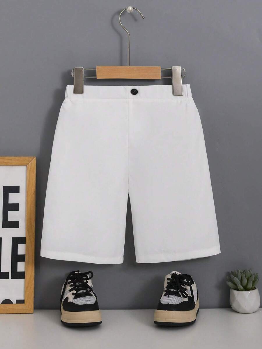 SHEIN Bermuda Sólida com Elástico Traseiro e Botão Decorativo Frontal para Menino Tween, Verão