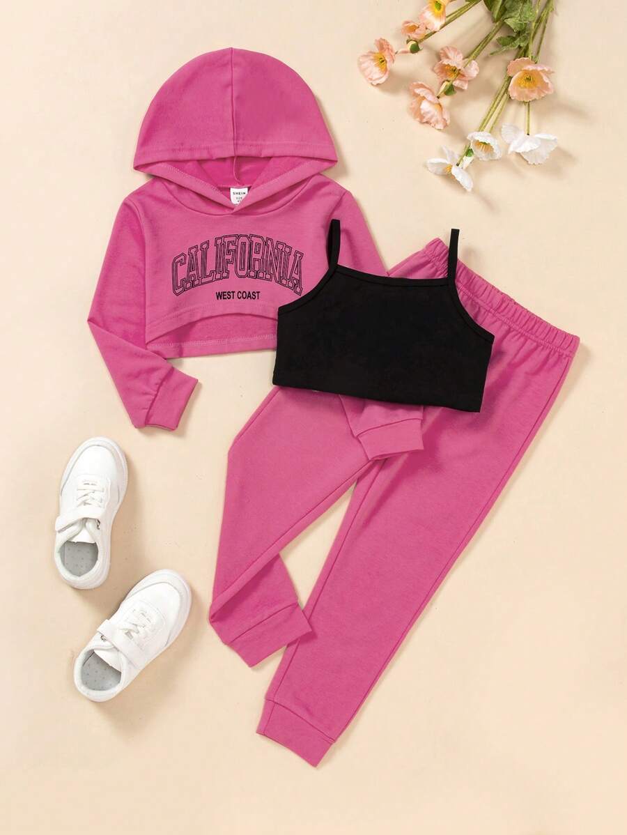 SHEIN Kleinkind Mädchen Buchstaben Grafik, Crop Hoodie mit & Jogginghose & Cami Top mit