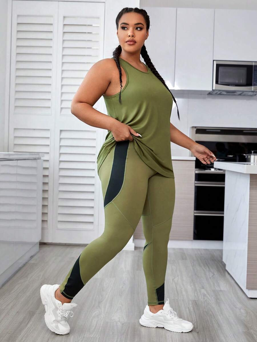 Rhythm Era Plus Size Solid Sports Tank Top & Sports Leggings Set Workout Women Sets