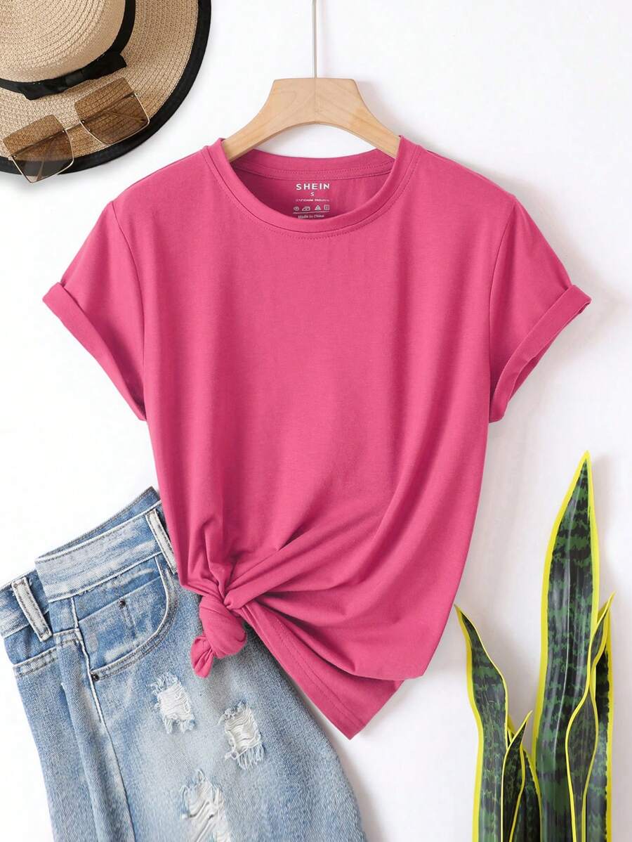 INAWLY Solid Round Neck Tee