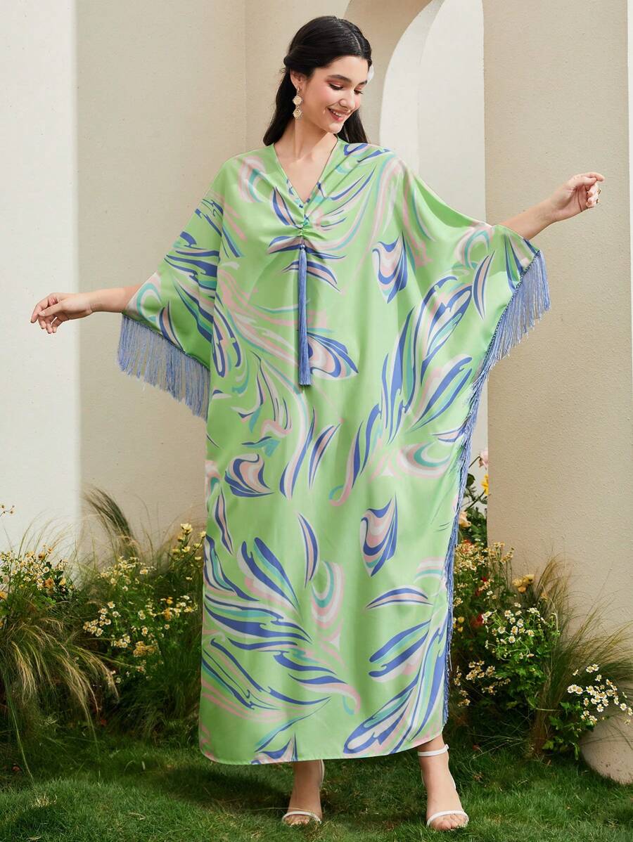 Al Najma Allover Print Fringe Trim Kaftan