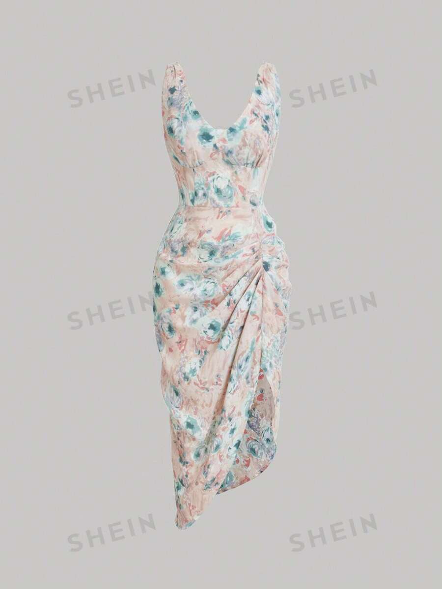 SHEIN MOD Vestido con estampado floral fruncido de muslo con abertura