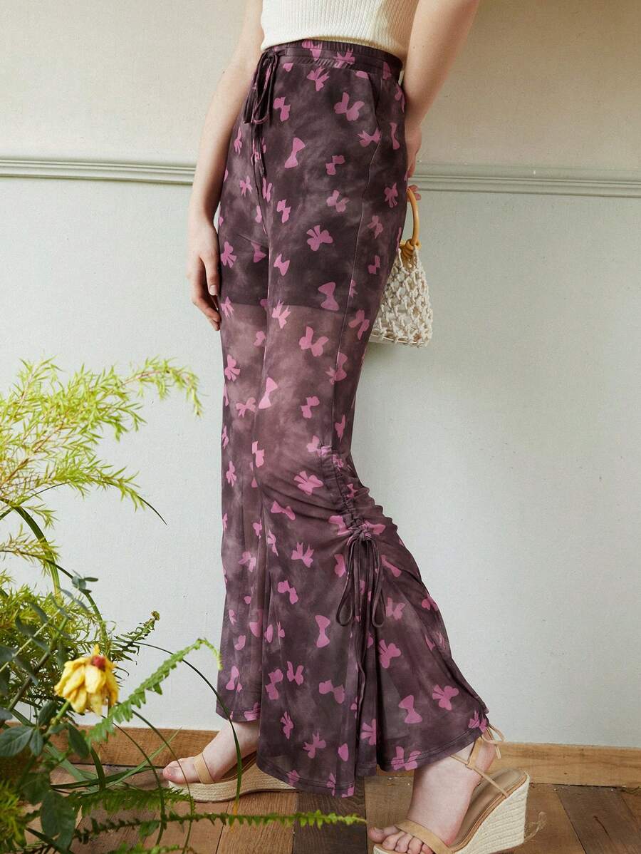 SHEIN Casual Volledig geprint Dames broeken Koord Ruches Zeeg