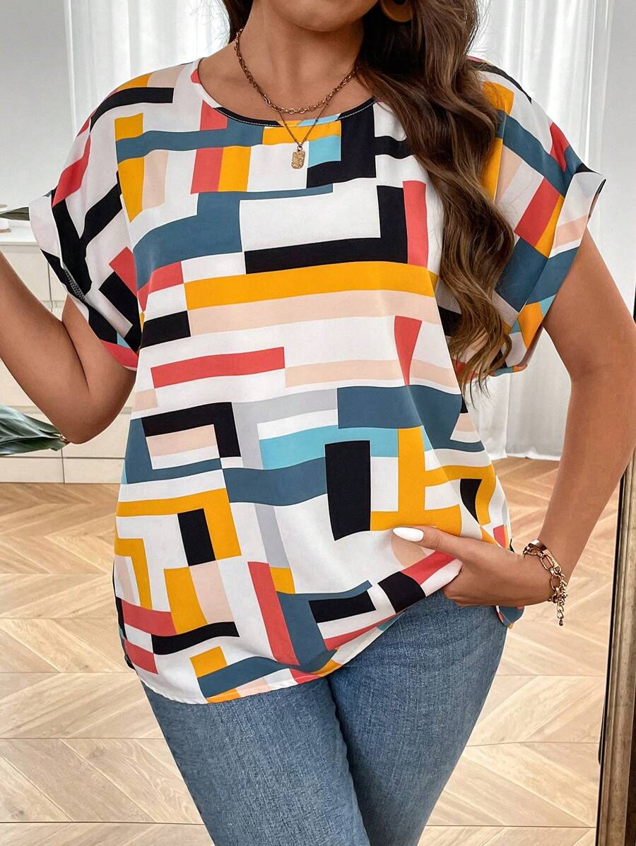 SHEIN LUNE Plus Size Loose Round Neck Casual Basic Denim Effect Blue Shirt With Drop Shoulders