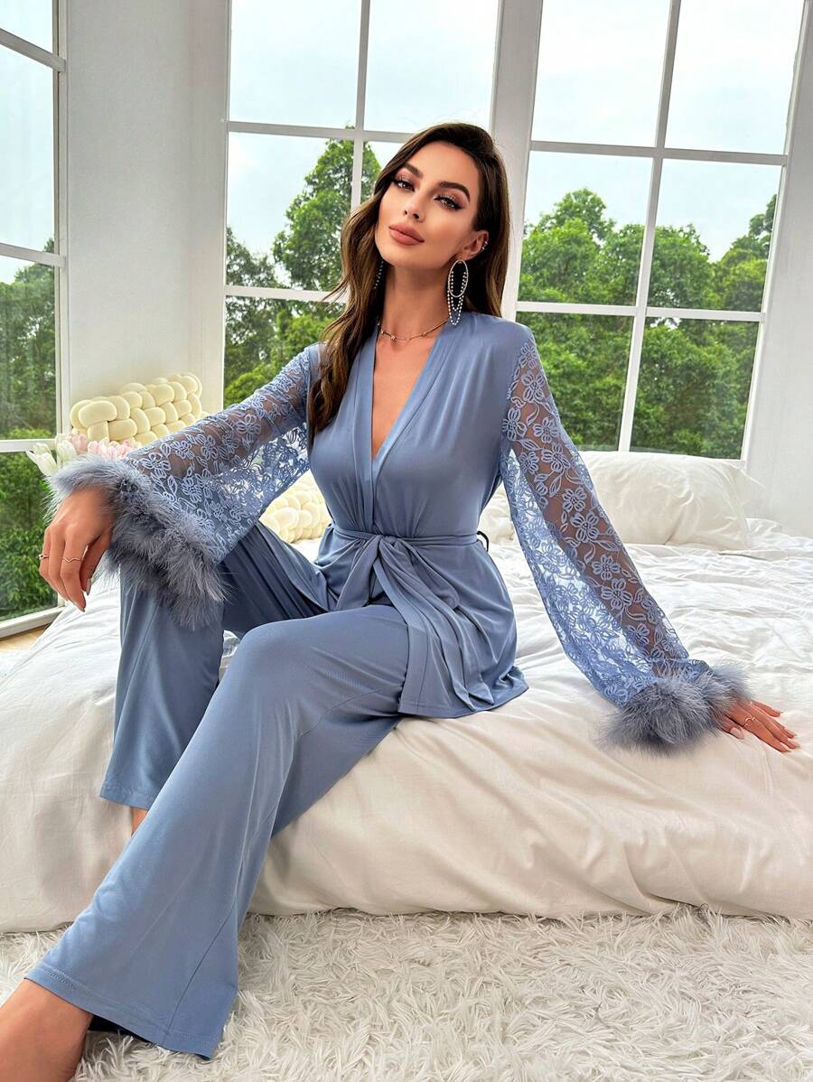 Contrast Lace Fuzzy Cuff Belted PJ Set / Pajama Set, Vacation