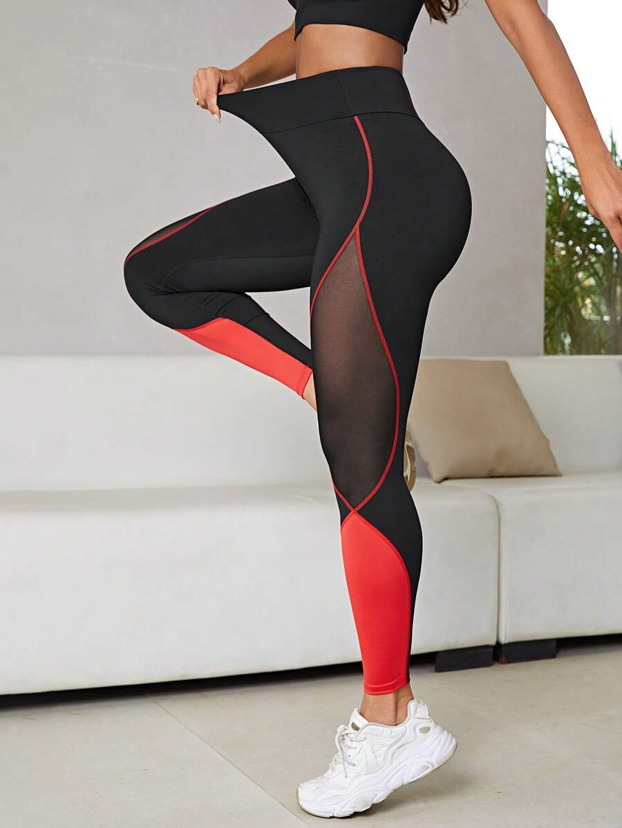 SHEIN Sport Studio Two Tone Mesh Insert Top-stitching Wideband Waist Sports Leggings