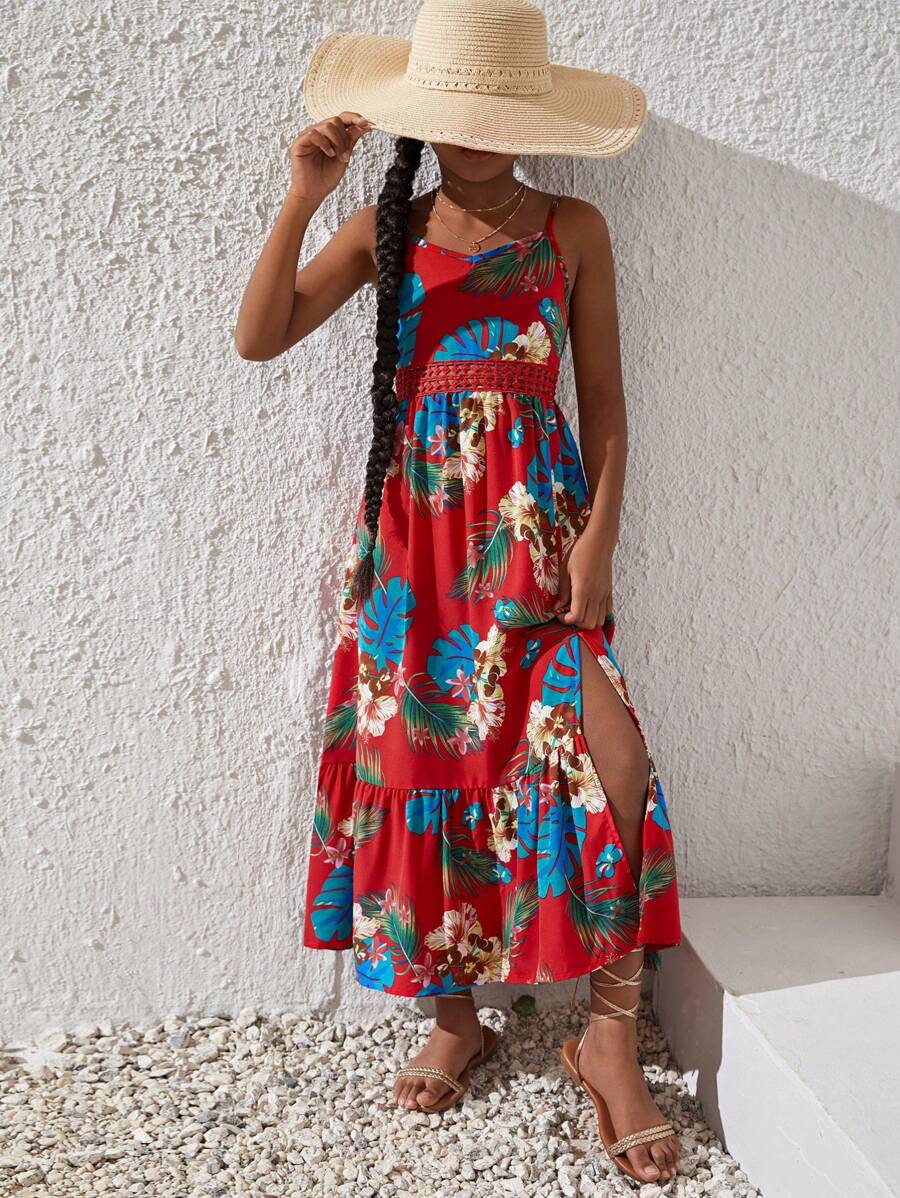 SHEIN Fille Robe À Fines Brides Imprimé Tropical Fendu