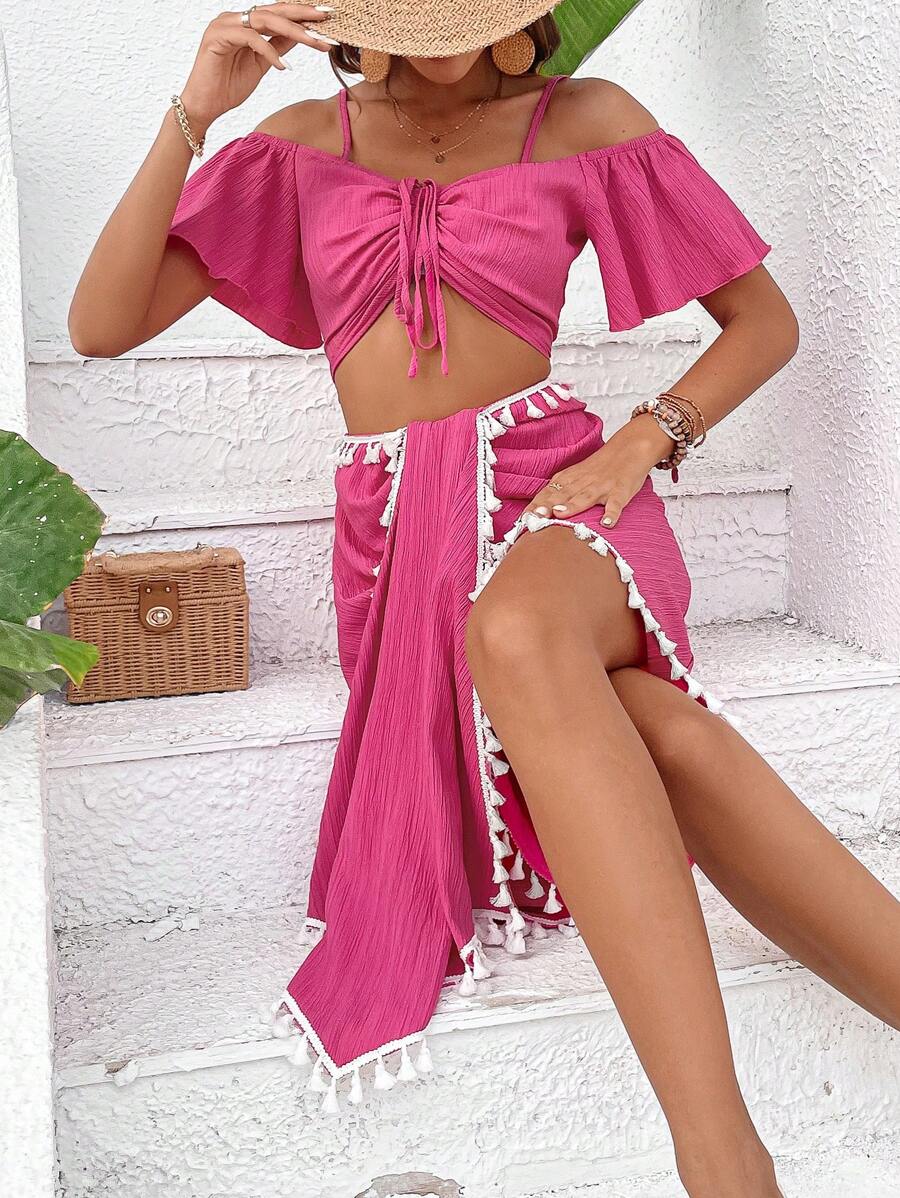Breezaya Cold Shoulder Drawstring Front Crop Top & Fringe Trim Asymmetrical Hem Skirt