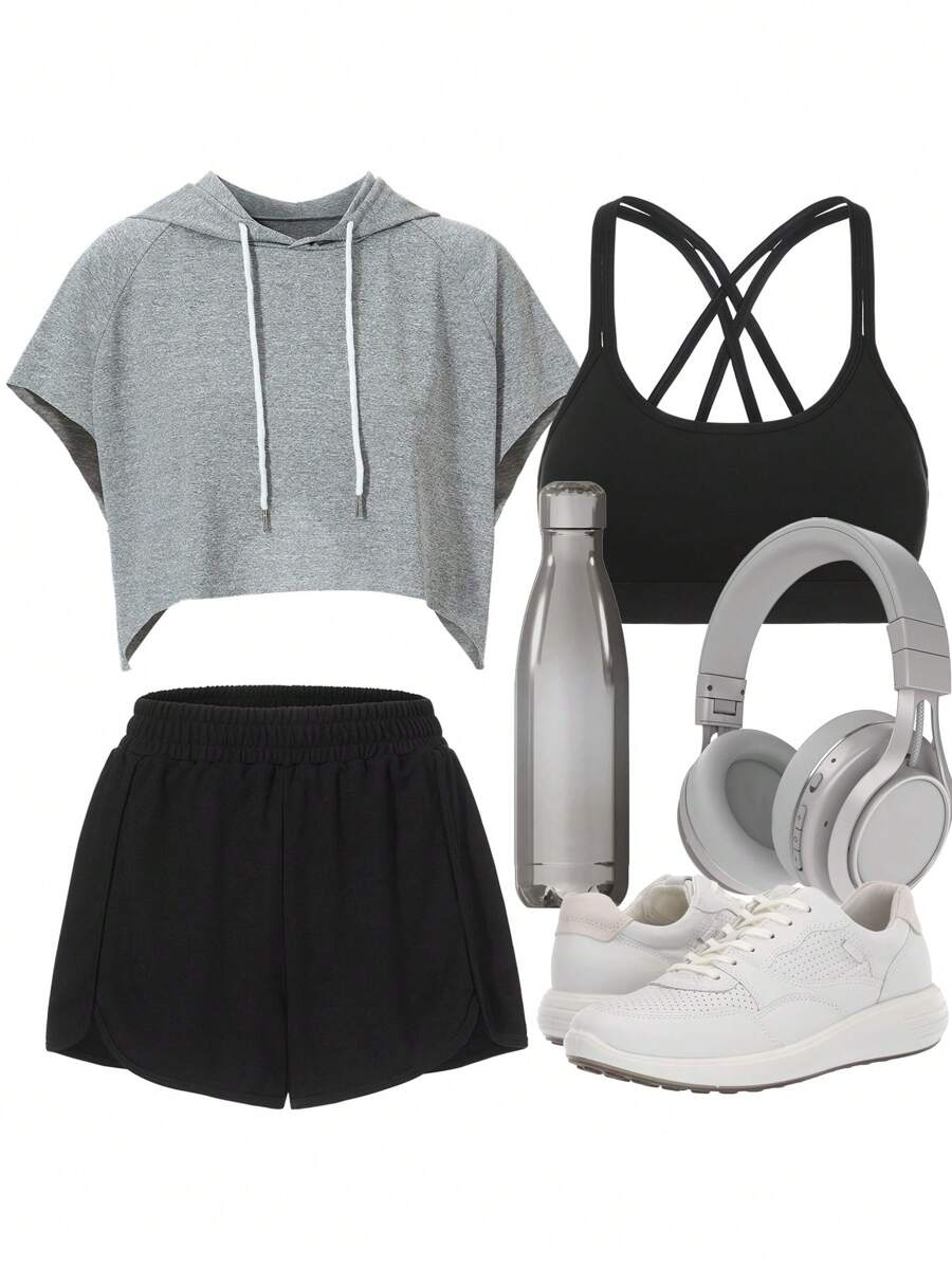 Easify SHEIN Sport Raglan Sleeve Drawstring Hooded Sports Set Gym Clothes Workout Clothes Workout Women Setwomen Workout Set Gym Women Outfit
