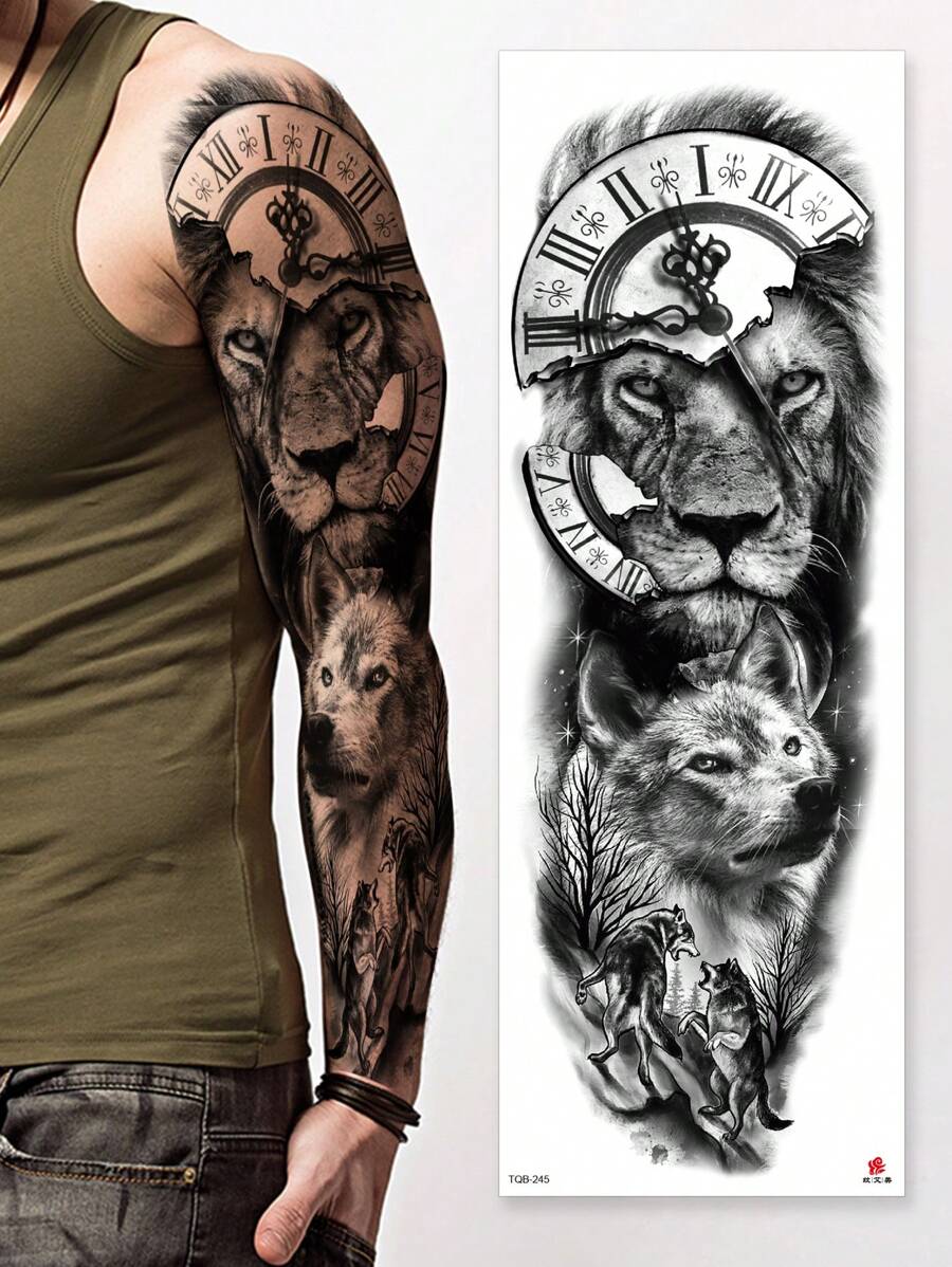 1 Piece Realistic Floral Arm, Tiger, Wolf Large Waterproof Temporary Tattoo Sticker