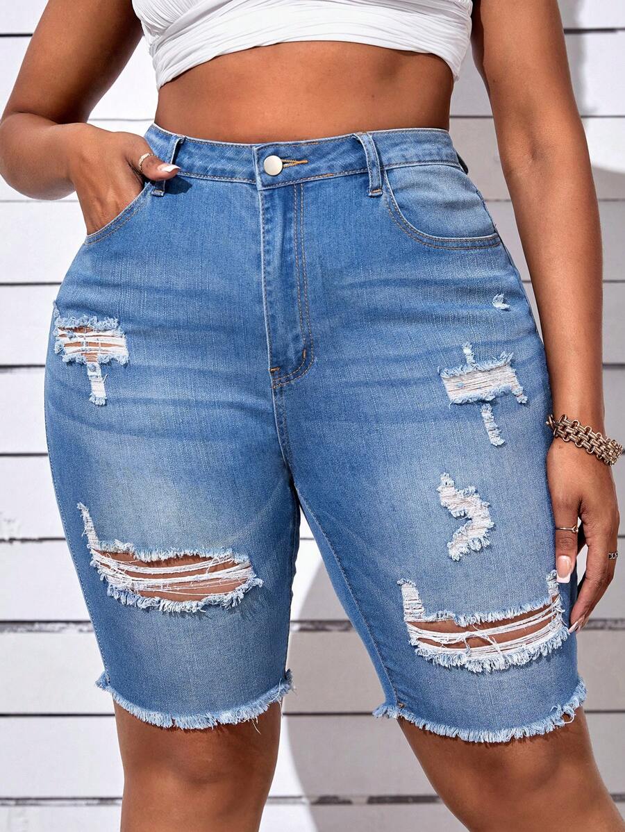SHEIN SXY Plus Ripped Raw Hem Denim Shorts