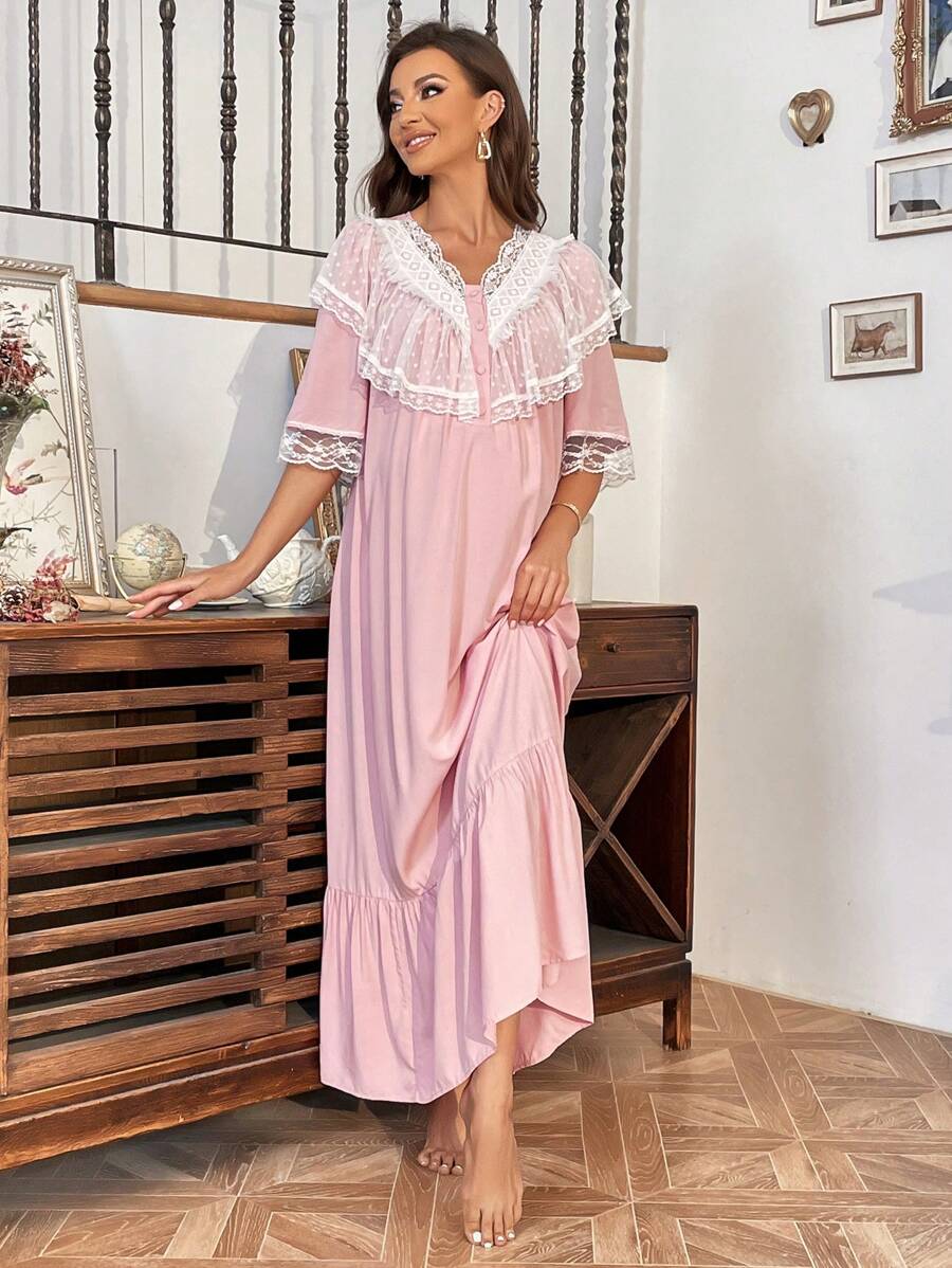 SHEIN Maternity Contrast Lace Ruffle Hem Dress