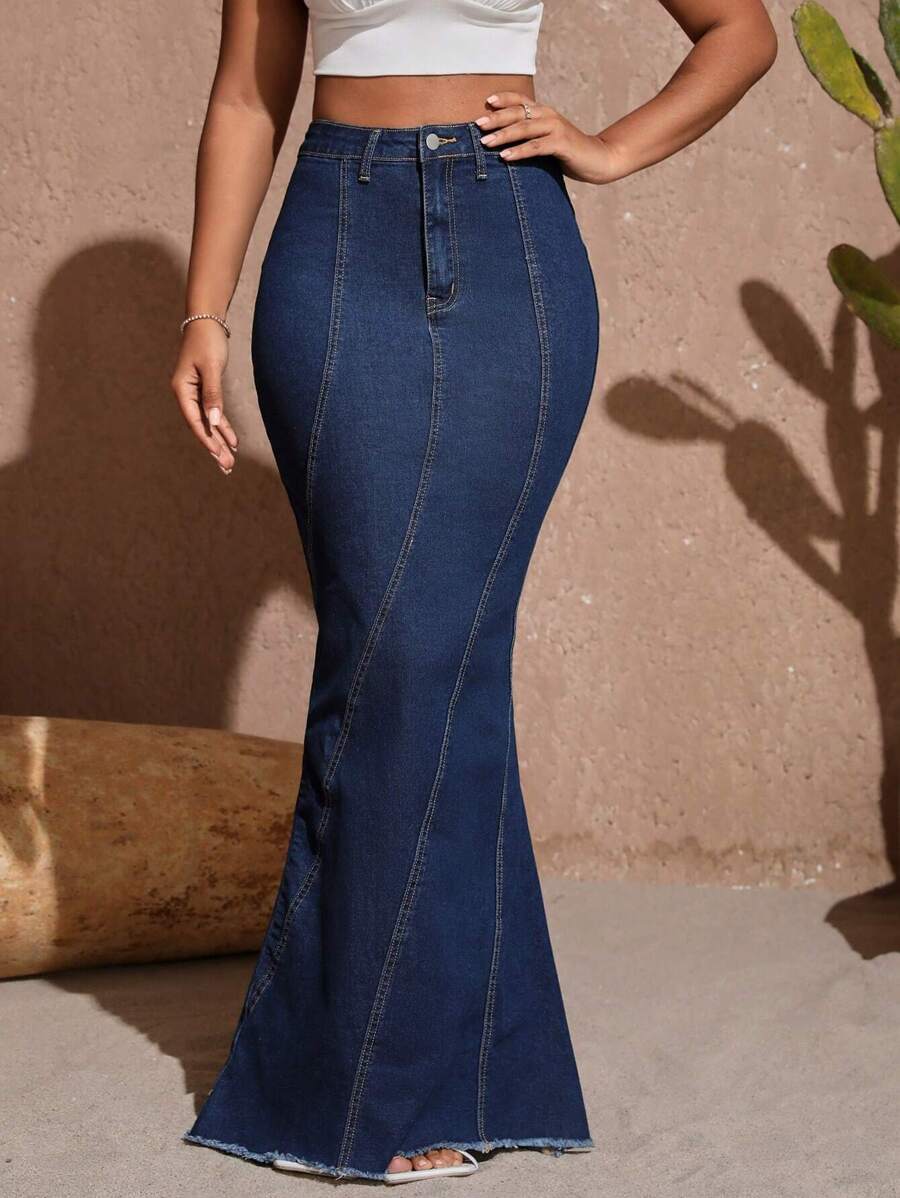 SHEIN SXY Solid Raw Cut Mermaid Hem Denim Skirt