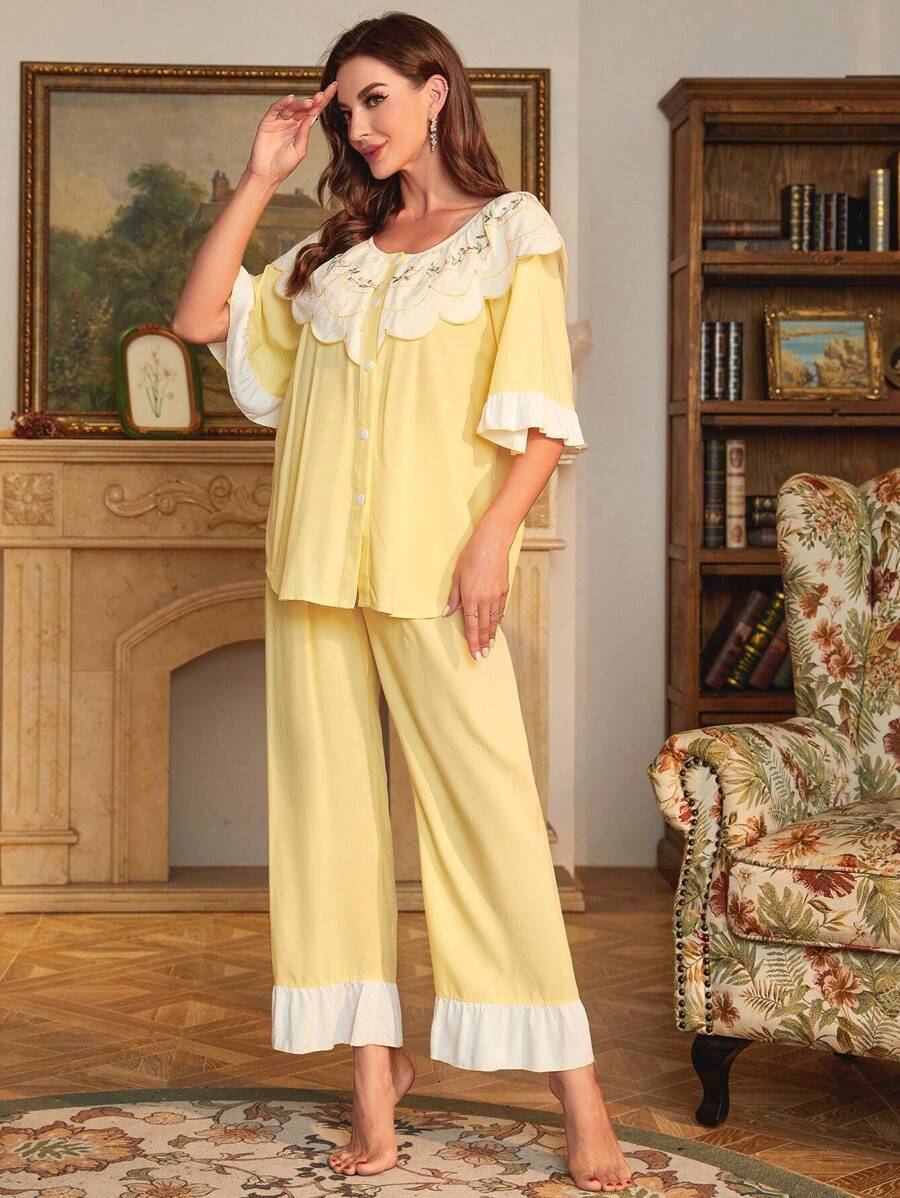 Kontrast-Spitze Volant-Saum Rüschena Ärmel Pyjama Set, Urlaub