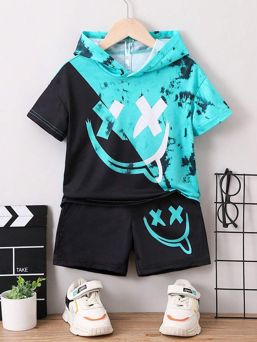 SHEIN Young Boy Expression Print Hooded Tee & Shorts