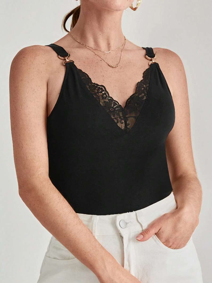 SHEIN Frenchy Contrast Lace Wide Strap Top