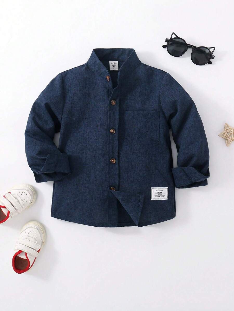 SHEIN Young Boy Letter Patched Detail Pocket Front Shirt
