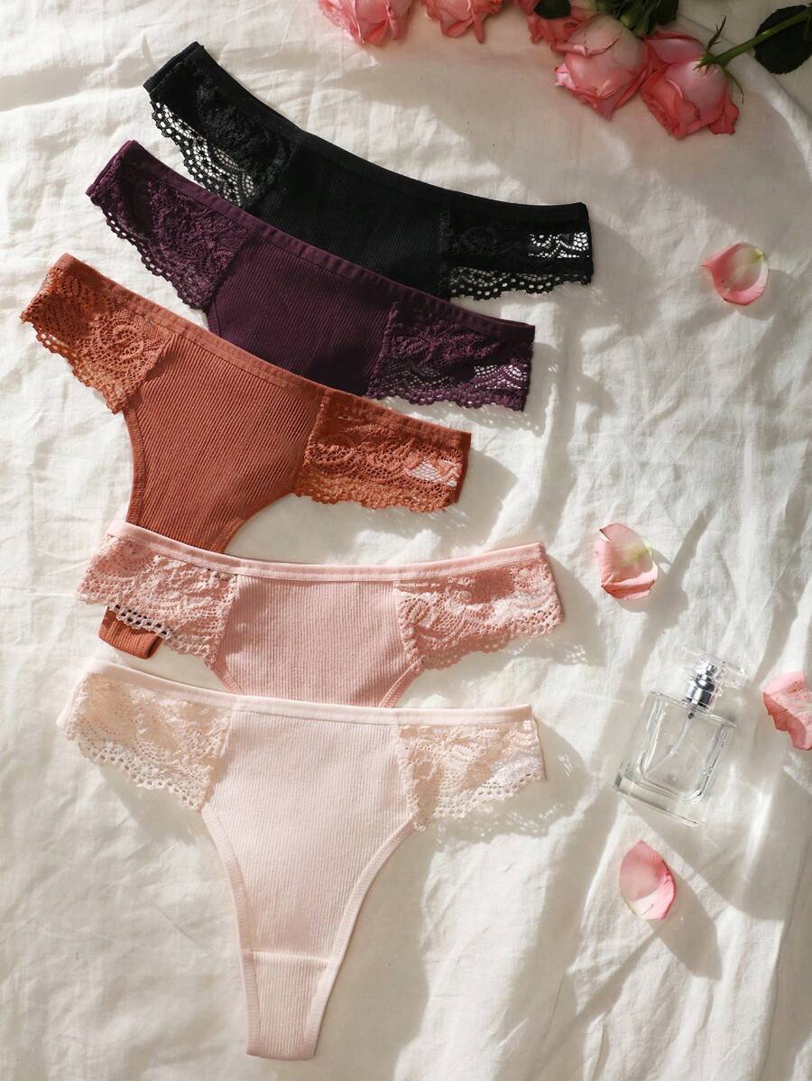 Shein Underwear&Sleepwear Basics 5packs Contrast Lace Panty Sexy Lingerie