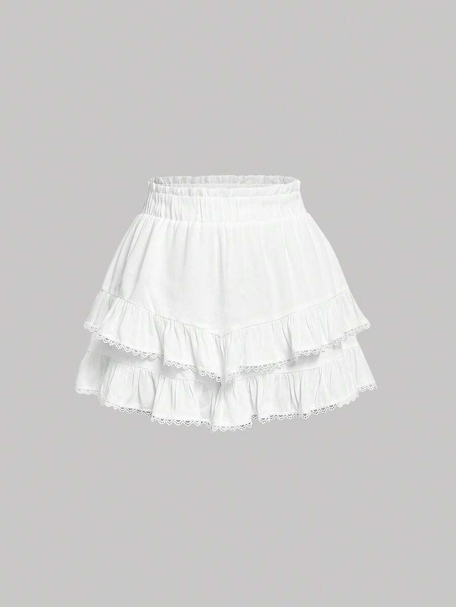 SHEIN X ELOISA & ORSON SHEIN MOD Shorts de cintura con volante ribete con encaje bajo con fruncido