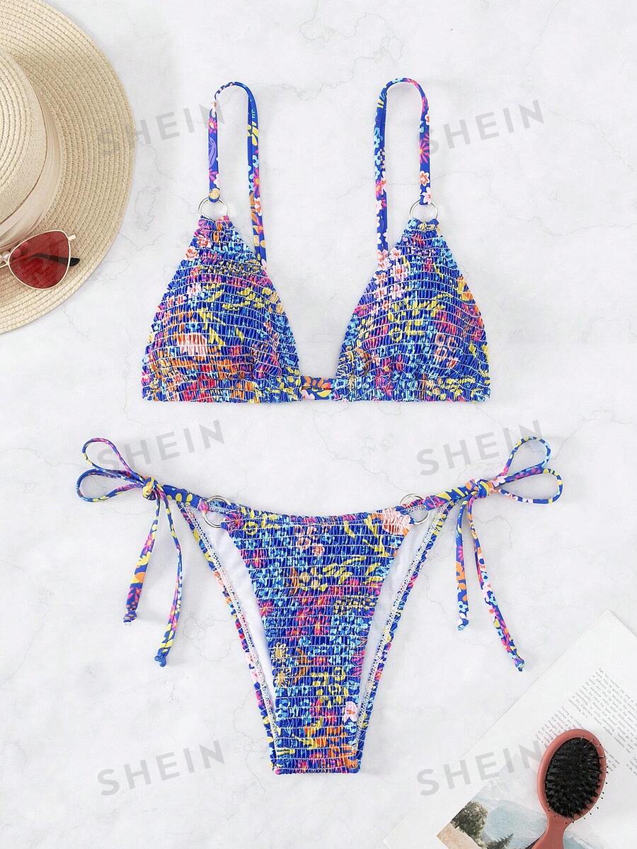 Bikini mit Blume Muster, Triangel seitlichem Band,