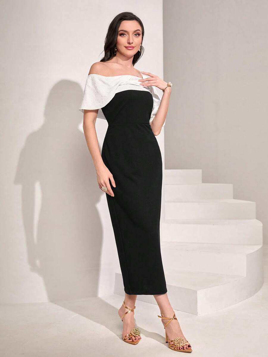 Modelyn Colorblock Asymmetrical Neck Puff Sleeve Fitted Dress Without Belt