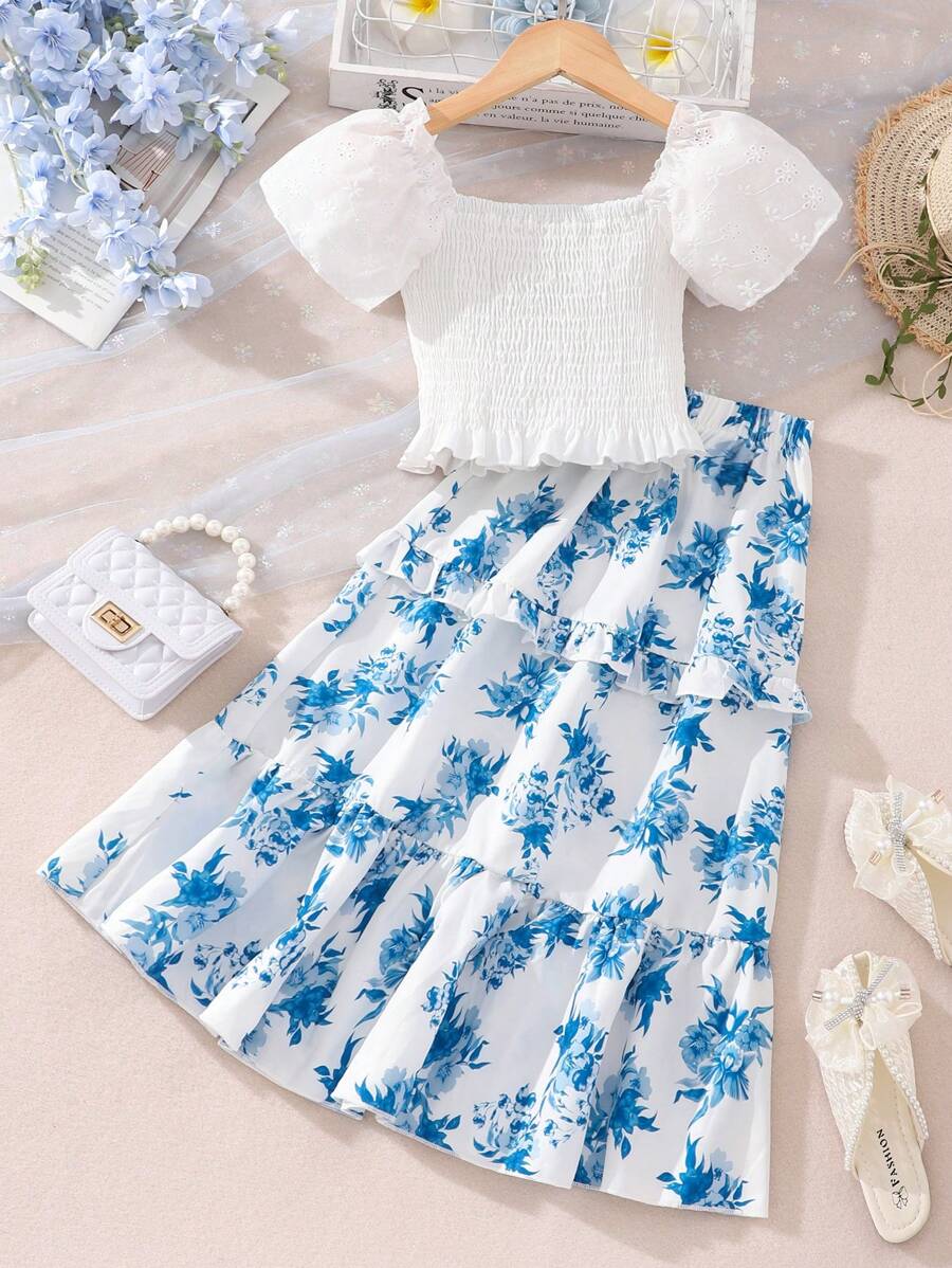 SHEIN Menina Malhado Manga Bufante Bainha Com Babado Blusa & Impressão Floral Bainha Com Babado Saia