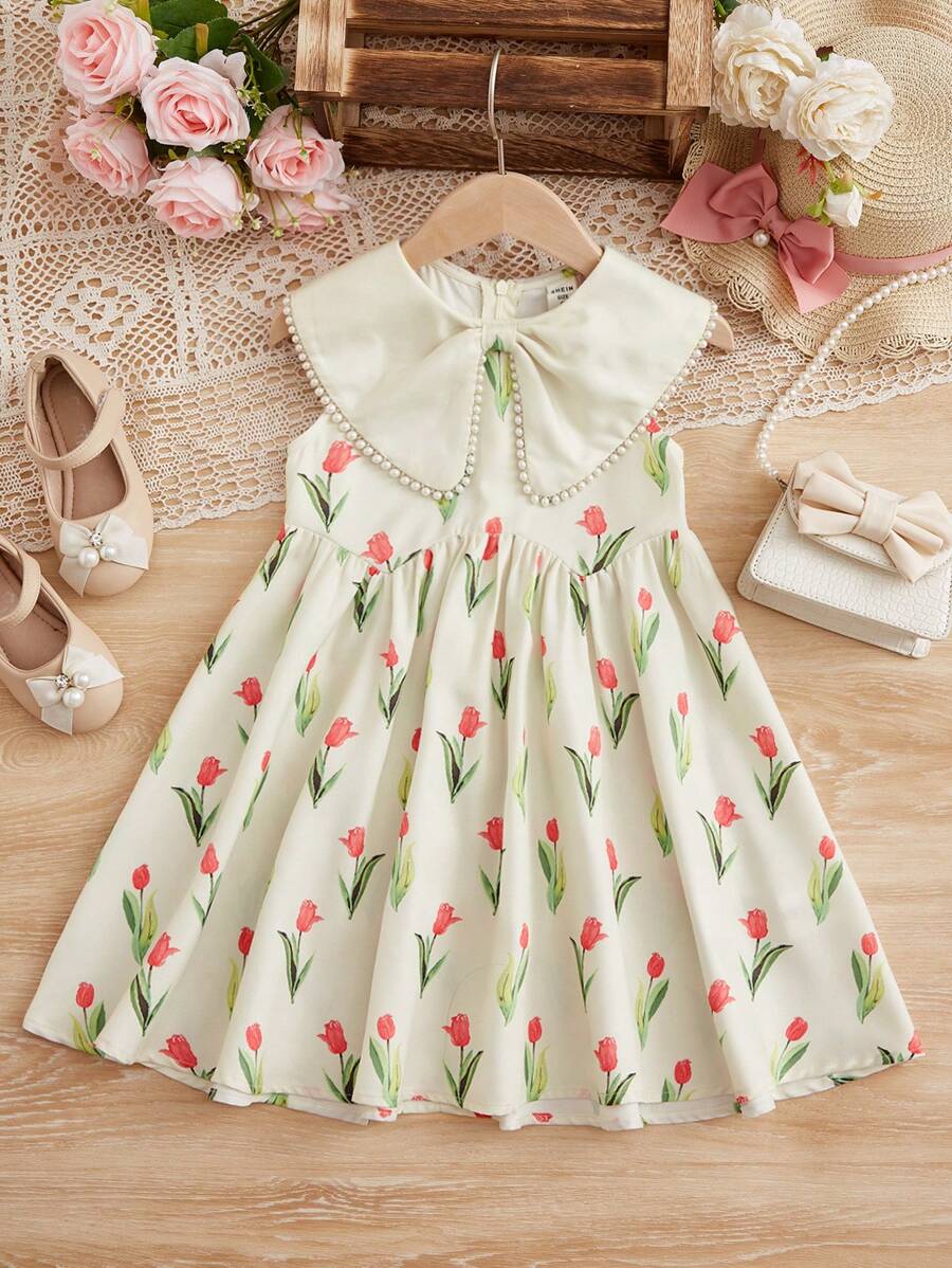 SHEIN LMoss Kids Young Girl Allover Floral Print Statement Collar Dress