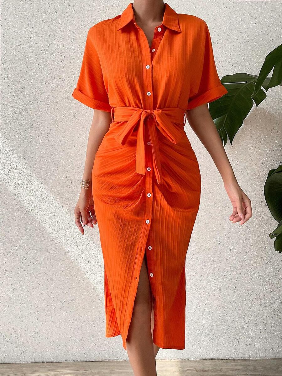 RosyDaze Ruched Button Front Belted Shirt Dress
