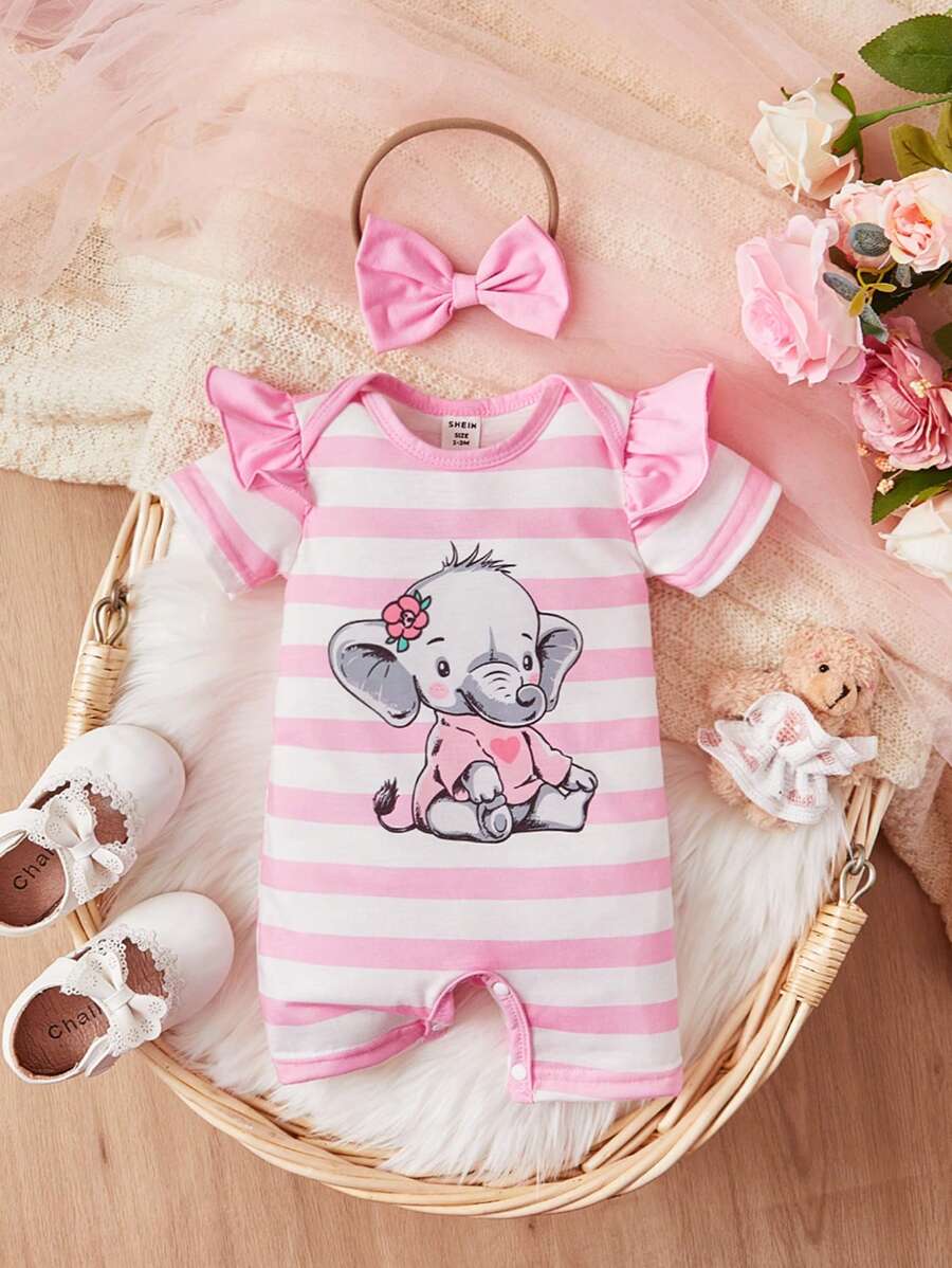 SHEIN Baby Girl Striped & Elephant Print Ruffle Trim Romper