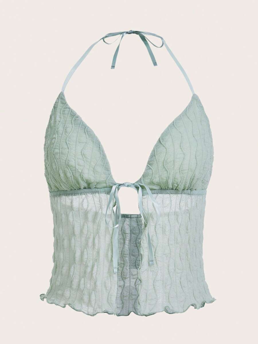 SHEIN ICON Tie Front Lettuce Trim Mesh Halter Top