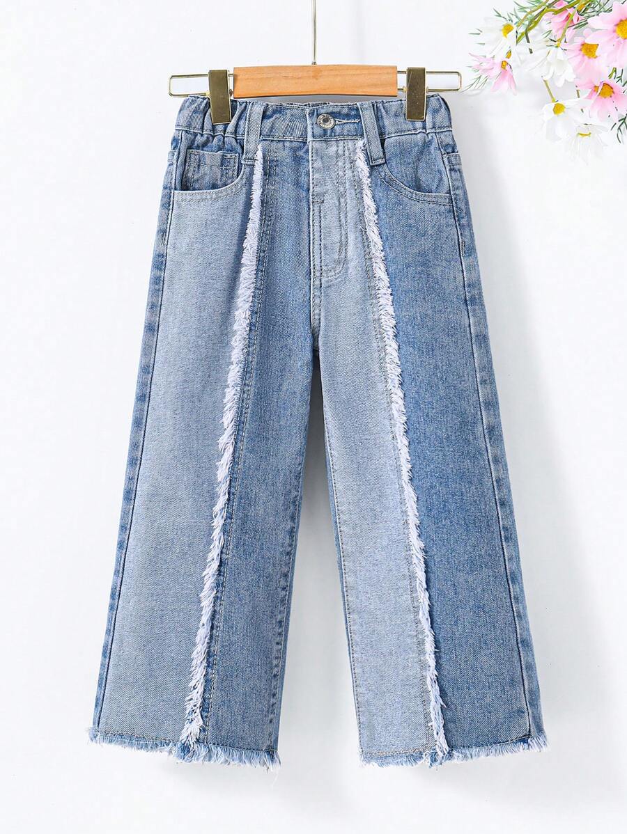 Kleine Mädchen Kontrast Y2K Straßen-urbande elastische Taille Jeans mit flachen Taschen und weiten Beinen. Tägliche OOTD Outfits für Mädchen.