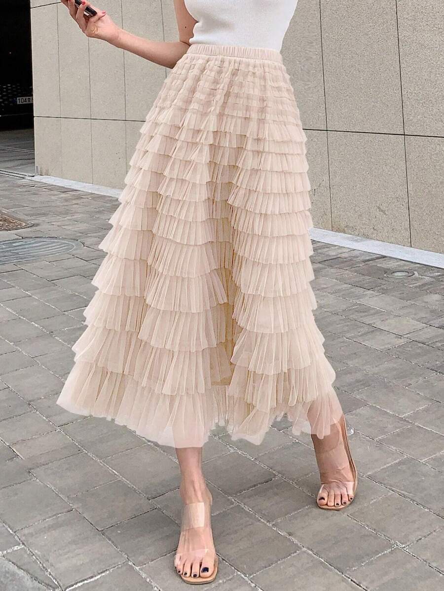 DAZY Solid Mesh Layer Hem Skirt,Ruffle