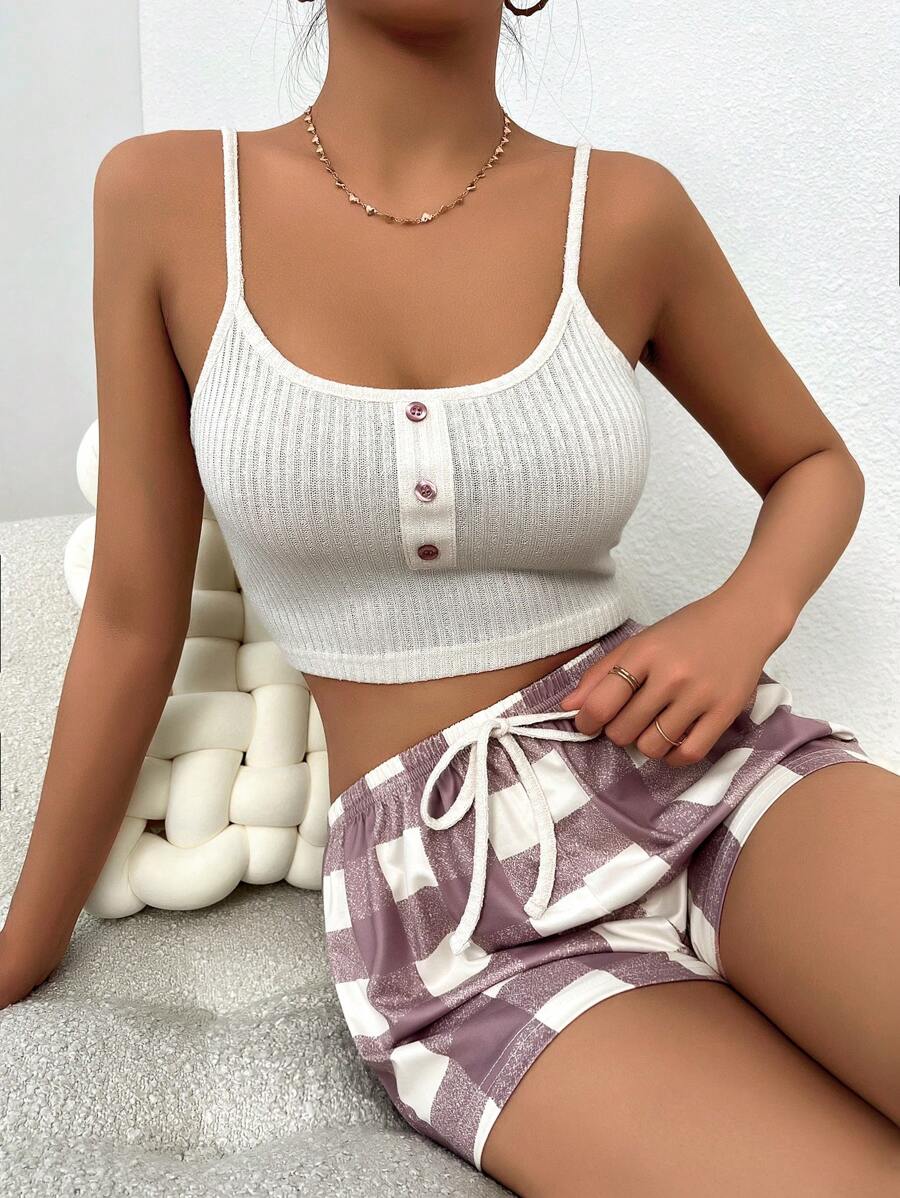 Button Detail Cami Top & Plaid Print Tie Front Shorts PJ Set / Pajama Set