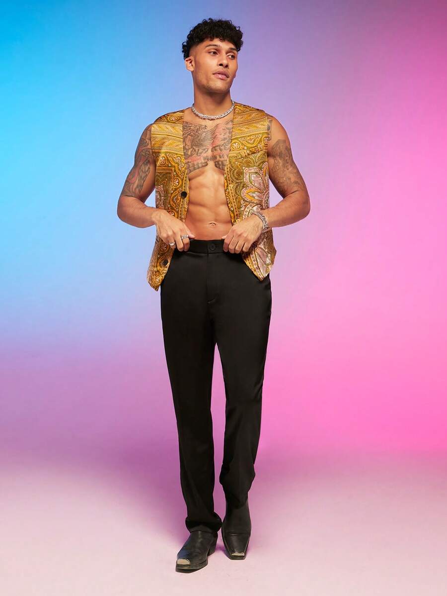 FeverCity Men Floral Print Vest Jacket & Pants