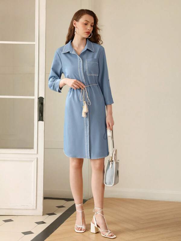 MOTF PREMIUM BELTED TASSEL SHIRT DRESS SHEIN USA