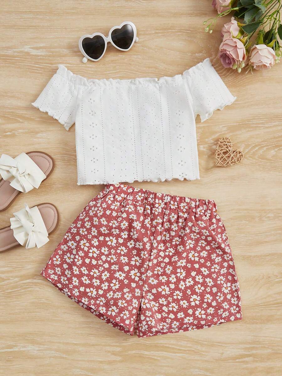 SHEIN Top Schiffy Con Hombros Descubiertos Y Bordes De Ensalada En Contraste Con Shorts De Estampado Floral Para Niña Adolescente