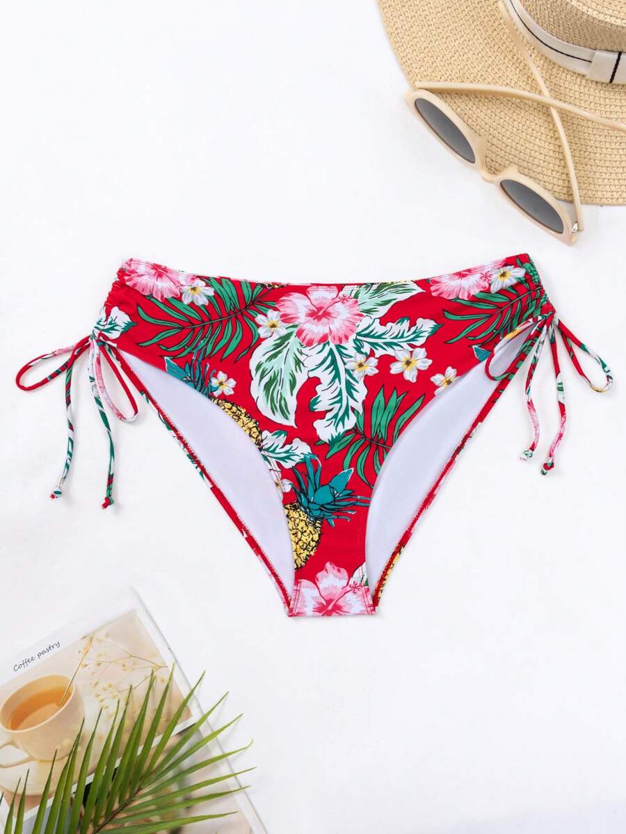 SHEIN Swim Curve Plus Size Tropical Print Drawstring Side Bikini Bottom Summer