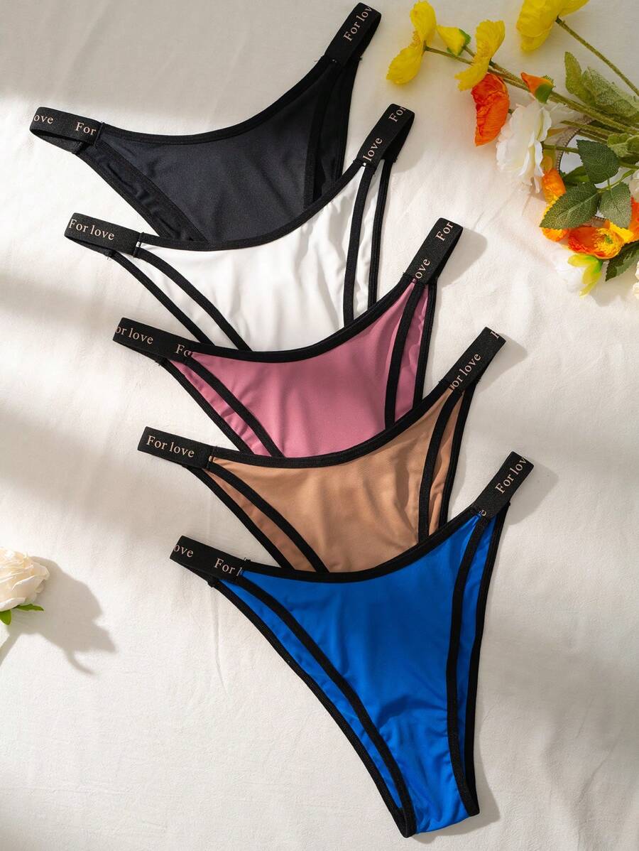 Shein Underwear&Sleepwear Basics 5pack Letter Graphic Contrast Binding Panty Sports