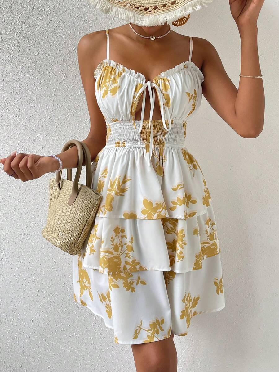 SHEIN VCAY Floral Print Tie Front Ruched Bust Frill Trim Cami Dress