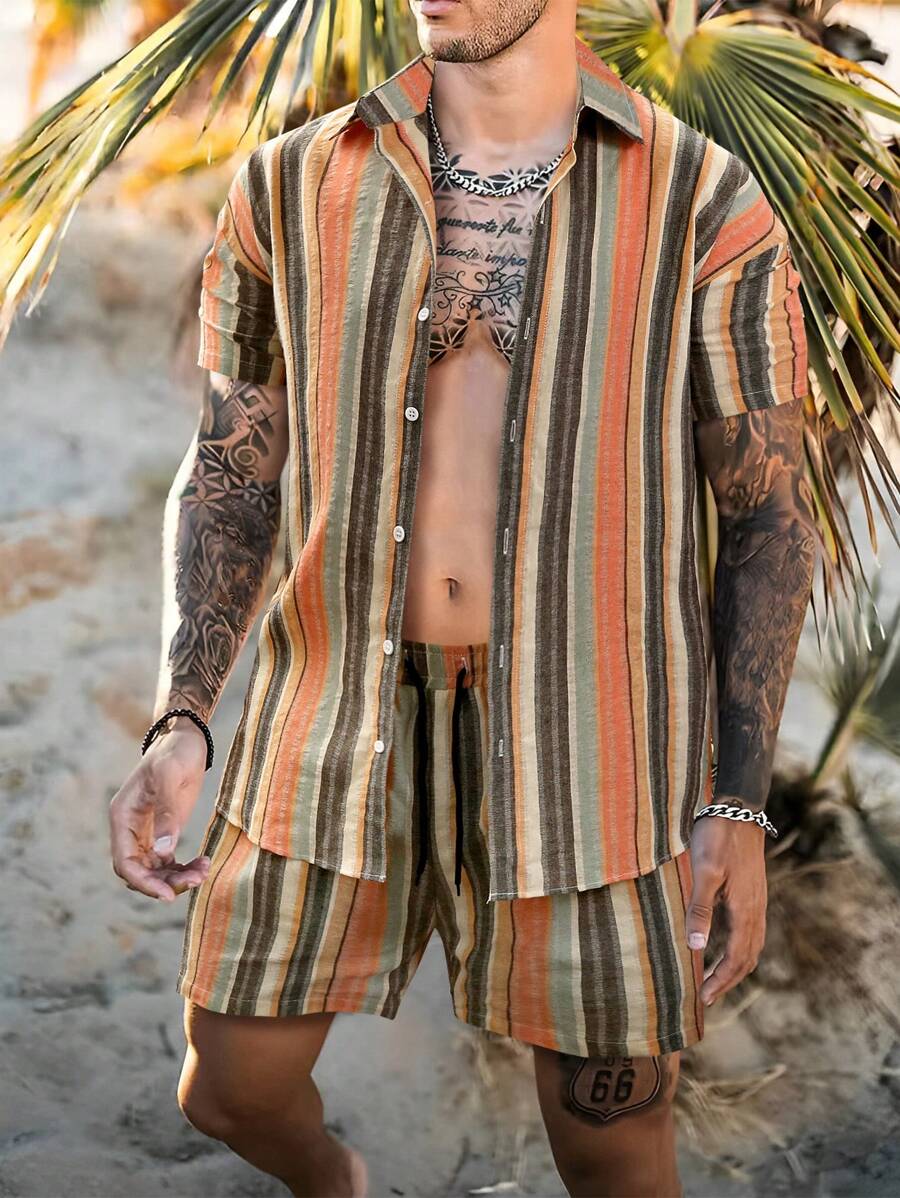 Manfinity RSRT Men Cotton Striped Shirt & Drawstring Waist Shorts Without Tee , Linen , Vacation , Colorful , Boyfriend Gift , Casual