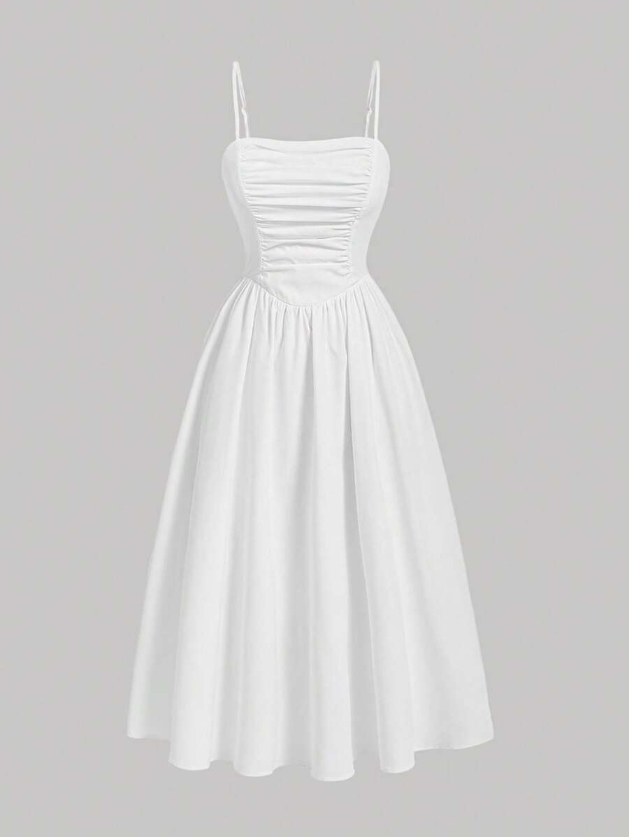 SHEIN MOD Solid Ruched Slim-Fitting Gathered Waist Date Night Cami Dress,White Graduation Dress