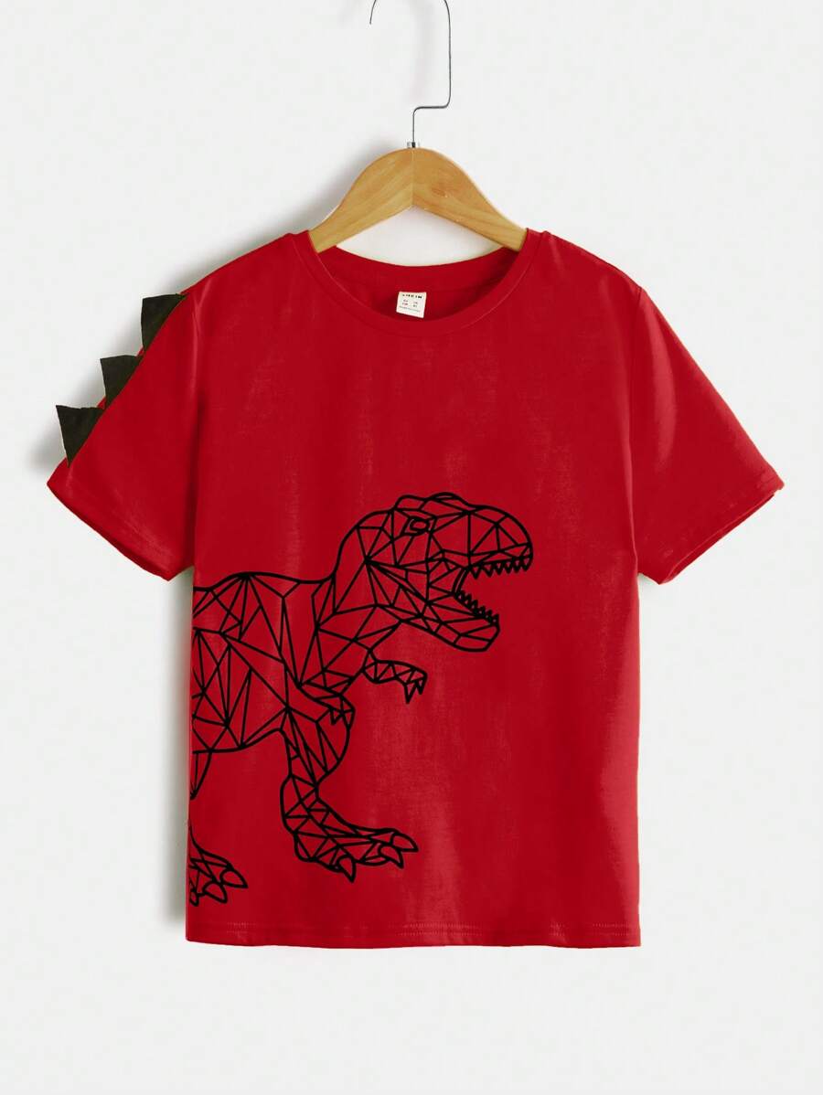 SHEIN Camiseta Casual De Punto Con Impresión Geométrica De Dinosaurios Y Diseño De Cuernos Para Niños Y Niñas Mayores