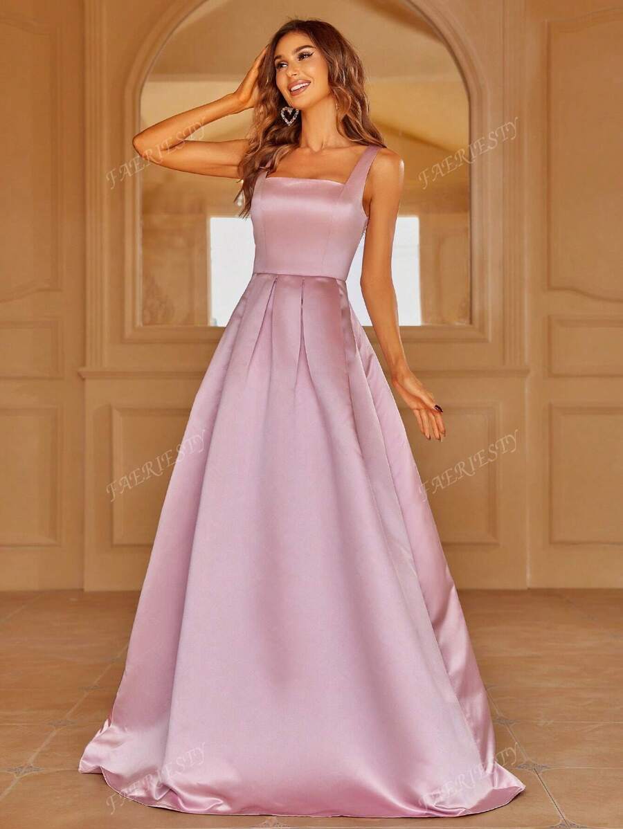 Faeriesty Elegant Satin Square-Neck Tie-Dress With Dramatic Floor-Length Hem | Luxurious Evening Look For Galas, Weddings Or Red Carpet Events Bridesmaid Dress